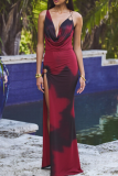 Red Sexy Print Backless High Slit Spaghetti Strap Long Dresses