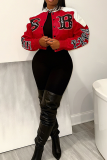 Red Casual Print Contrast Mandarin Collar Outerwear