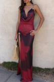 Red Sexy Print Backless High Slit Spaghetti Strap Long Dresses