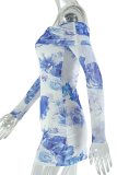 Blue Sexy Print Contrast Off Shoulder Wrapped Skirt Dresses