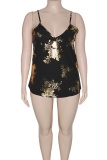 Black Sexy Print Patchwork Spaghetti Strap Plus Size Tops