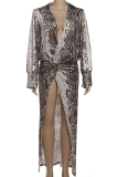 Snake Print Sexy Snakeskin Print High Slit Deep V Neck Long Dresses