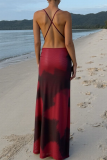 Red Sexy Print Backless High Slit Spaghetti Strap Long Dresses