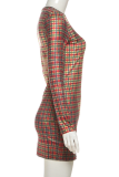 Red Sexy Print Contrast O Neck Wrapped Skirt Dresses
