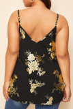 Black Sexy Print Patchwork Spaghetti Strap Plus Size Tops