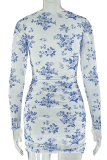 Blue Elegant Print Contrast O Neck Wrapped Skirt Dresses