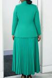Green Casual Solid Color Pleated Turn-back Collar Plus Size Two Pieces