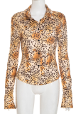 Leopard Print Casual Leopard Print Buckle Turndown Collar Tops