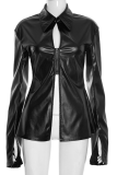 Black Sexy Solid Color Zipper Mandarin Collar Long Sleeve Two Pieces