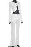 White Casual Solid Color Metal Accessories Trim O Neck Long Sleeve Two Pieces