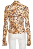 Leopard Print Casual Leopard Print Buckle Turndown Collar Tops
