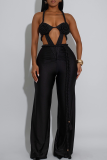Black Sexy Solid Color Backless Halter Regular Jumpsuits