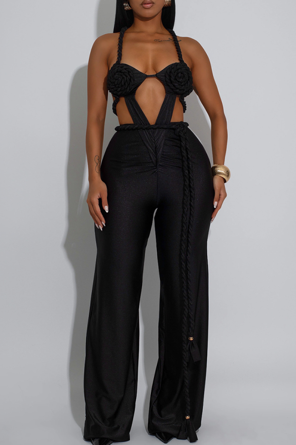 Black Sexy Solid Color Backless Halter Regular Jumpsuits