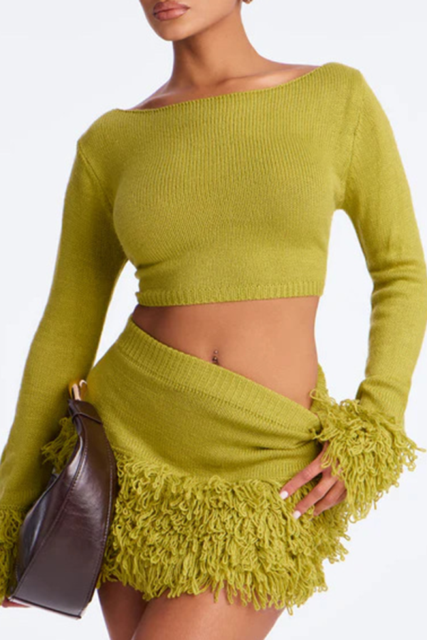 Green Casual Solid Color Fringed Trim O Neck Long Sleeve Two Pieces