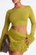 Green Casual Solid Color Fringed Trim O Neck Long Sleeve Two Pieces