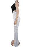 Black Sexy Solid Color Backless Contrast Halter Long Dresses