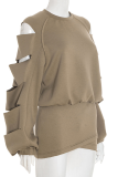 Light Brown Casual Solid Color Hollow Out O Neck Long Sleeve Two Pieces