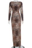 Leopard Print Sexy Leopard Print Hollow Out V Neck Long Dresses