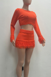 Red Casual Solid Color Fringed Trim O Neck Long Sleeve Two Pieces