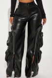 Blue Casual Solid Color Zipper Loose Mid Waist Conventional Patchwork Bottoms