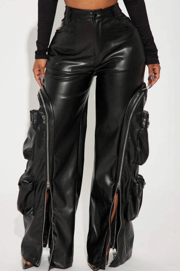 Black Casual Solid Color Zipper Loose Mid Waist Conventional Patchwork Bottoms