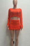 Red Casual Solid Color Fringed Trim O Neck Long Sleeve Two Pieces