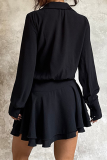 Black Casual Solid Color Strap Design Turndown Collar Dresses