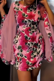 Red Sexy Print Mesh O Neck Wrapped Skirt Dresses