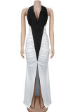 Black Sexy Solid Color Backless Contrast Halter Long Dresses