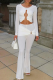 White Casual Solid Color Metal Accessories Trim O Neck Long Sleeve Two Pieces