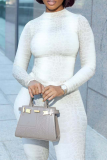 White Casual Snakeskin Print Patchwork O Neck Long Sleeve Two Pieces