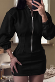 Apricot Casual Solid Color Zipper Mandarin Collar Wrapped Skirt Dresses