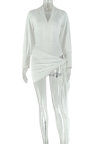 White Sexy Solid Color Strap Design Zipper V Neck Long Sleeve Two Pieces