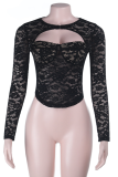 Black Sexy Solid Color Hollow Out O Neck Tops