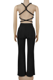 Black Sexy Solid Color Backless Halter Regular Jumpsuits