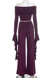 Purple Casual Solid Color Flounce Off Shoulder Long Sleeve Two Pieces