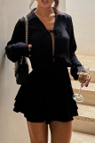 Black Casual Solid Color Strap Design Turndown Collar Dresses