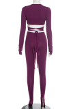 Purple Sexy Solid Color Hollow Out Deep V Neck Long Sleeve Two Pieces