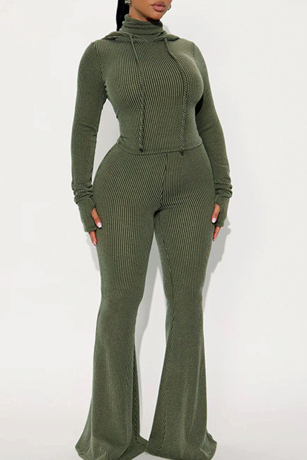 Green Casual Solid Color Draw String Hooded Long Sleeve Two Pieces