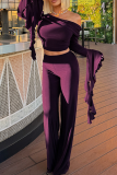 Purple Casual Solid Color Flounce Off Shoulder Long Sleeve Two Pieces