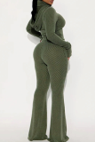 Green Casual Solid Color Draw String Hooded Long Sleeve Two Pieces