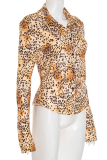 Leopard Print Casual Leopard Print Buckle Turndown Collar Tops
