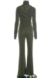 Green Casual Solid Color Draw String Hooded Long Sleeve Two Pieces