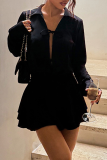 Black Casual Solid Color Strap Design Turndown Collar Dresses