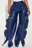 Blue Casual Solid Color Zipper Loose Mid Waist Conventional Patchwork Bottoms
