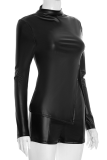 Black Casual Solid Color Slit O Neck Long Sleeve Two Pieces