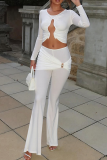 White Casual Solid Color Metal Accessories Trim O Neck Long Sleeve Two Pieces