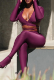 Purple Sexy Solid Color Hollow Out Deep V Neck Long Sleeve Two Pieces