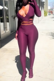 Purple Sexy Solid Color Hollow Out Deep V Neck Long Sleeve Two Pieces