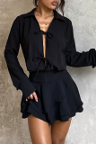 Black Casual Solid Color Strap Design Turndown Collar Dresses